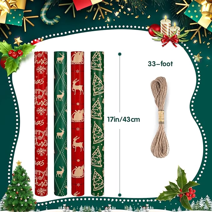 Panigkids Christmas Wrapping Paper Rolls, Red & Green Holiday Gift Wrap Featuring Reindeer, Snowflakes & Christmas Trees (17 inch x 17 ft) 4 Rolls Kraft Gift Wrapping Paper with Jute Twine