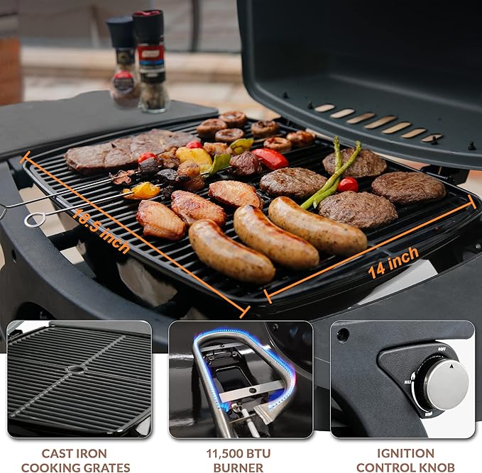 MASTER COOK Single Burner Propane Gas Grill, 266 Sqin Cooking Area, 11,500 BTU Portable Tabletop Barbecue Grill with Cart for Patio, Camping, Travel