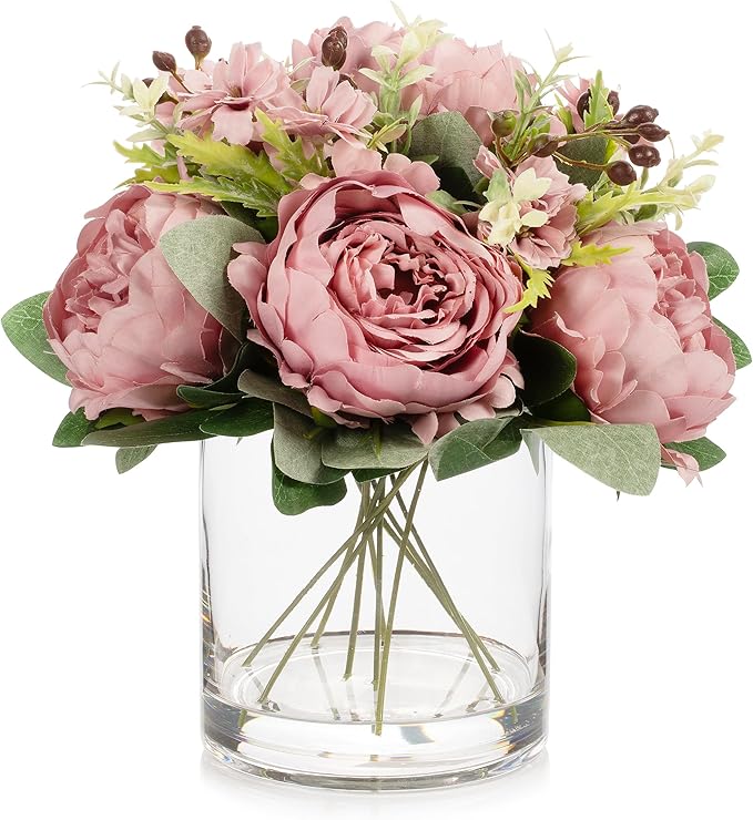 ENOVA FLORAL Artificial Flower Arrangement with Vase,Mixed Artificial Fake Silk Peony Flower in Vase for Decoration Home Office, Wedding Centerpiece (Purple01)