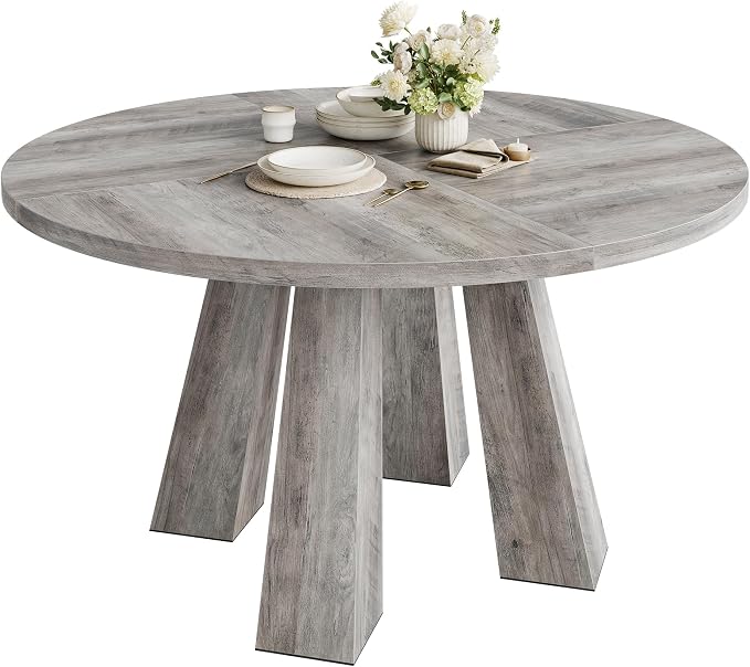 IDEALHOUSE 47" Round Dining Table for 4-6, Wood Kitchen Table with Sturdy Base, Farmhouse Circle Dinner Table for Dining Room, Living Room, 4 Strong Legs, Grey