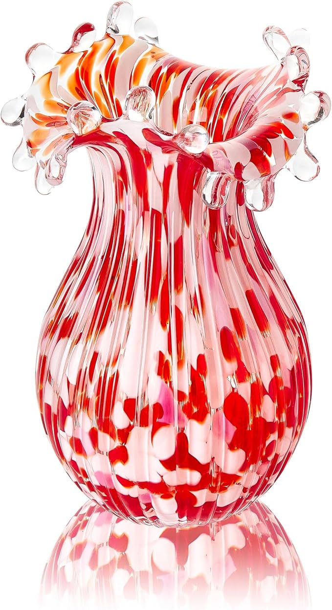 QFkris Hand Blown Glass Vase for Flowers, 8 Inch Red Crystal Bubble Flower Vases for Bouquet Home Decor Decorative Centerpieces, Unique for Mom, Valentine's Day Gift for Her Lover