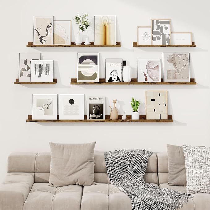 RICHFOCUS Picture Ledge Shelf, 16 inch Floating Shelves Set of 2, Wood Wall Shelves with Lip, Wall Decor Storage for Bedroom Living Room Bathroom Kitchen Nursery Photo Picture, Rustic Brown
