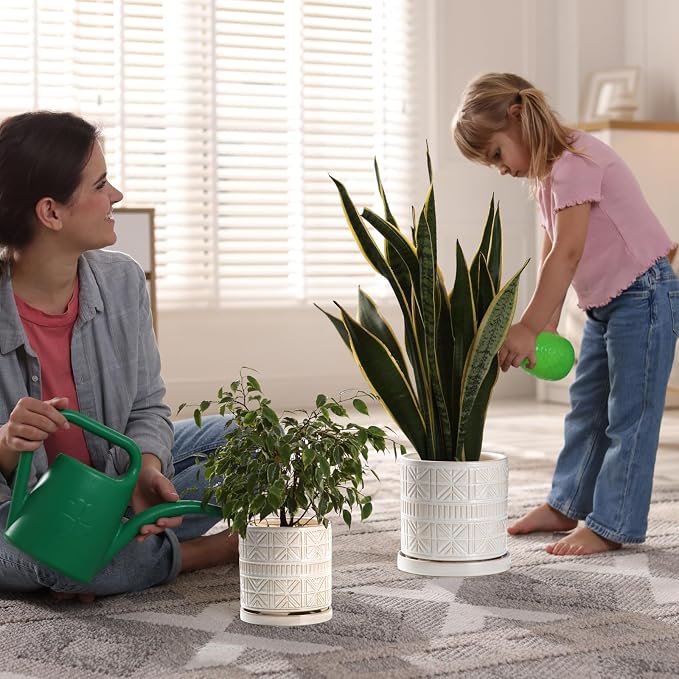 Ceramic Plant Pots Indoor-Outdoor: 8 Inch Embossed Planters with Drainage Hole & Saucer - Modern Decorative Flower Pots for Home Garden Patio Office Decor