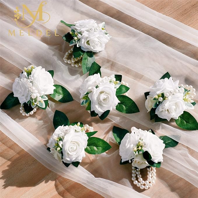 Meldel White Ivory Rose Prom Wrist Corsage for Wedding, Set of 6, Bridesmaid Bridal Hand Flowers Corsage for Prom, Wrist Flower for Wedding Ceremony Anniversary, Dinner Party, Rustic Vintage Wedding