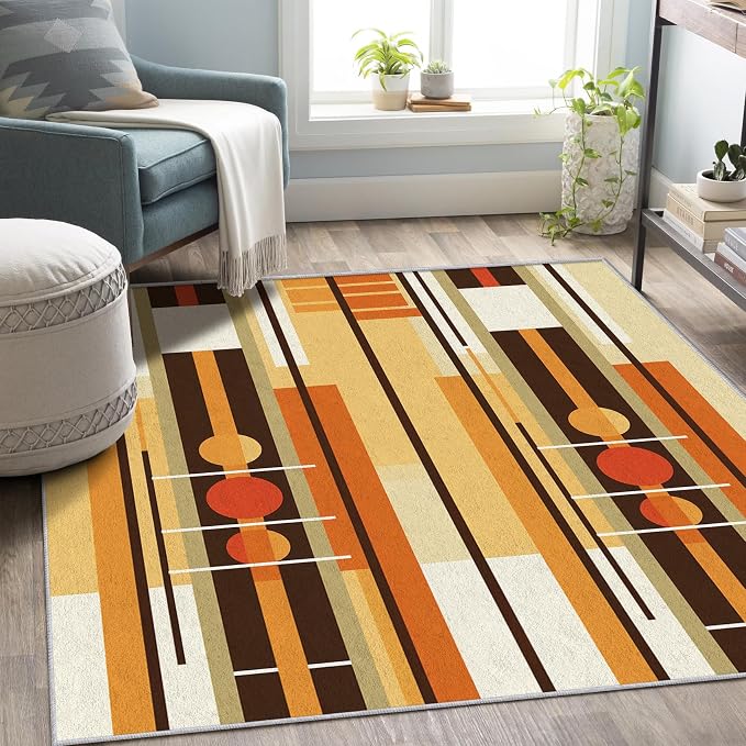Contemporary Geometric Rug 3x4, Washable Retro Stripe Rugs for Living Room Bedroom, Mid Century Modern Area Rug for Home Decor, Non Slip Backing Floor Carpet with Gripper - 3 x 4 ft
