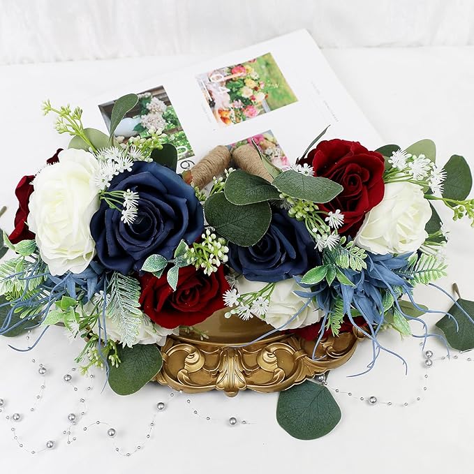 Set of 4 Bridesmaid Bouquets for Wedding - 7 Inch Artificial Flowers Bouquets for Ceremony Anniversary Centerpieces Decorations - Burgundy & Navy Blue & White