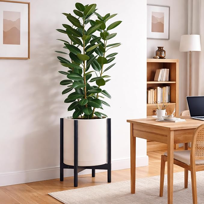 D'vine Dev Planter Pot with Stand - 14 Inch Plastic Cylinder Flower Pot with Wood Planter Holder for Indoor, Oatmeal Pot + Ebony Stand, 55-C-T-4
