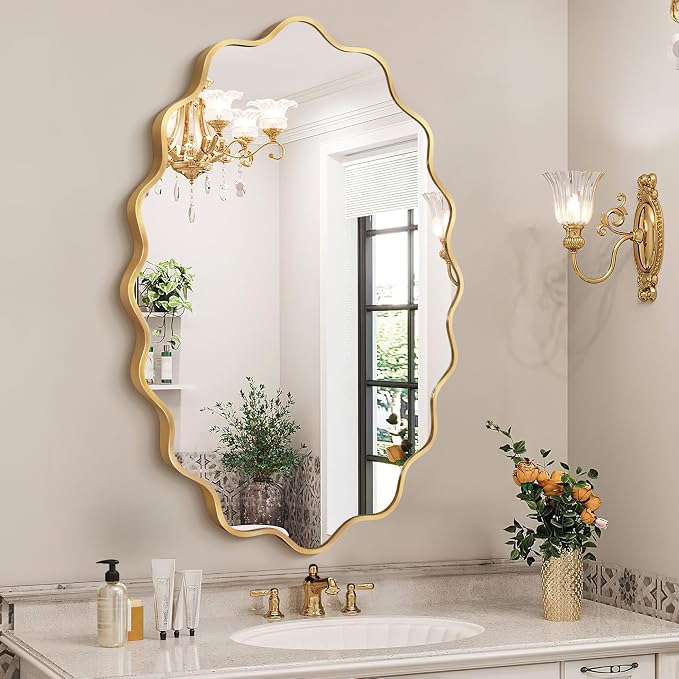 Oval Wavy Wall Mirror -Irregular Wall Mirror with Gold Asymmetrical Aluminum Alloy Frame,24"x36" Decorative Wall Mirrors for Bathroom, Bedroom, Living Room, Dining Room，Entryway