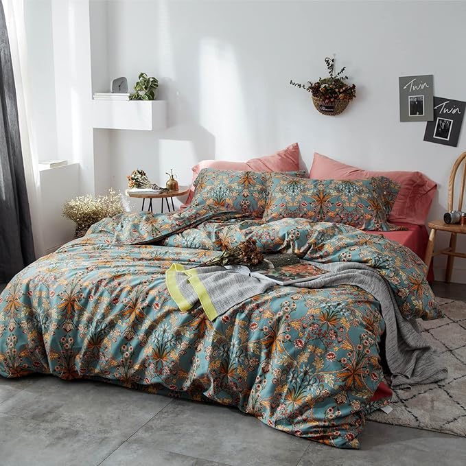 mixinni Vintage Style Garden Flower Queen Duvet Cover with Zipper Closure Soft Long Staple Percale Cotton Vibrant Pattern on Flower Bedding Quilt Cover Set(Queen, All Season)