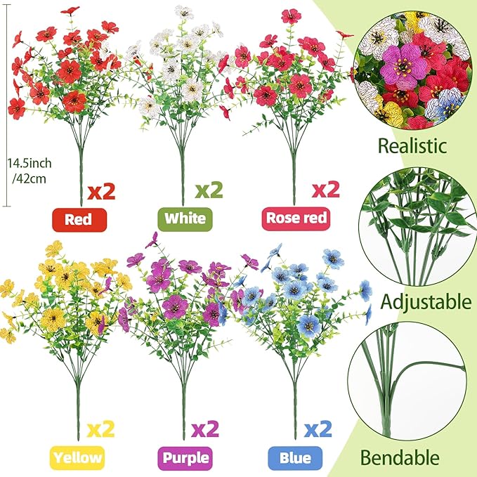 Artificial Spring Flowers Outdoor Faux Plants UV Resistant Fake Patio Flowers Plastic Greenery Plnats Outside Bulk for Spring Garden Hanging Planter Home Vase Decor, 12 Bundles (Multicolor)