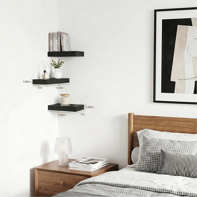 Black Floating Shelves for Wall Set of 3, 11.8 Inch Small Wall Shelves for Bathroom Over Toilet, Home Office & Bedroom Storage, Wall Mounted Shelf Set for Decor, Books & Collectibles
