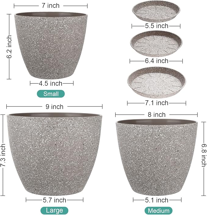 Vanavazon Plant Pots 9/8/7 Inch Set of 3 Flower Pots Indoor Outdoor Plastic Planters with Drainage Hole and Tray (Speckled Beige)