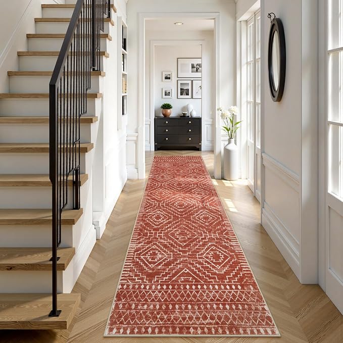 Wonnitar Moroccan Runner Rug, Washable 2'6"x10' Long Runner Rug for Hallway, Boho Farmhouse Non-Skid Kitchen Bathroom Runner Soft Low Pile Carpet for Entryway Laundry Living Room (Brown,2'6"x10')
