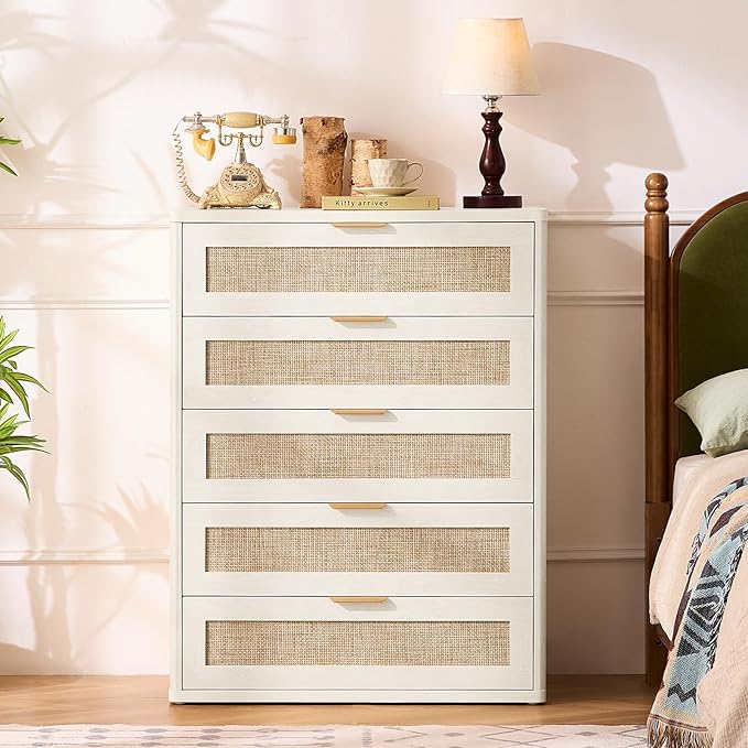LEYAOYAO Rattan Dresser for Bedroom 41" Tall Chest of Drawers, Modern 5 Drawers Boho Dressers with Storage, Light Oak Dresser Wooden Closet Organizer for Living Room, Hallway, Grey White