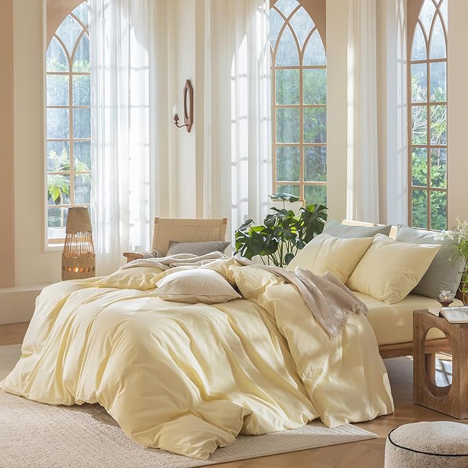 MooMee Bedding Duvet Cover Set 100% Washed Cotton Linen Like Textured Breathable Durable Soft Comfy (Heathered Butter Yellow, King 104"x90")