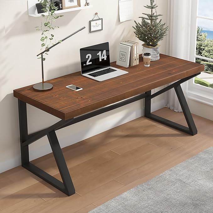 IBF Solid Real Wood Large Computer Desk, 60” Rustic Natural Home Office Desk, Long Industrial Writing Desk for Living Room, Metal Wooden Executive Computer Table, Brown, 60 Inch