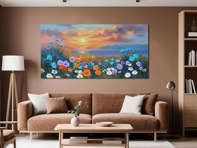 Ardemy Landscape Wall Art for Living Room Extra Large Wildflower Pictures Wall Decor Coastal Sunset Floral Canvas Textured Bedroom Flower Paintings Artwork Home Office, 48"x24"