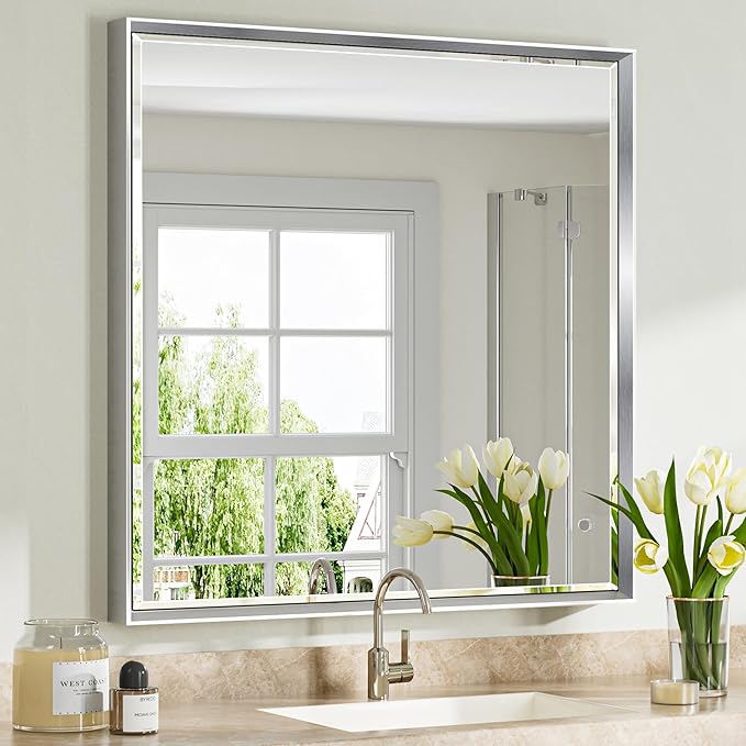 Silver Bathroom Mirror, 36x36 Inch Beveled Silver Square Mirror for Wall, Shatterproof & Rustproof Silver Framed Mirror for Bathroom, Silver Squared Bathroom Vanity Mirror Wall-Mounted