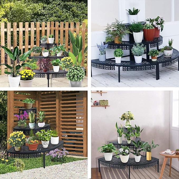 3 Tier Plant Stand Semi-Circular Flower Pot Organizer Rack Quarter Round Plant Display Holder Outdoor Storage Shelves Metal Corner Shelf Planter Shelving Ladder Plant Stand for Indoor Use(Black)