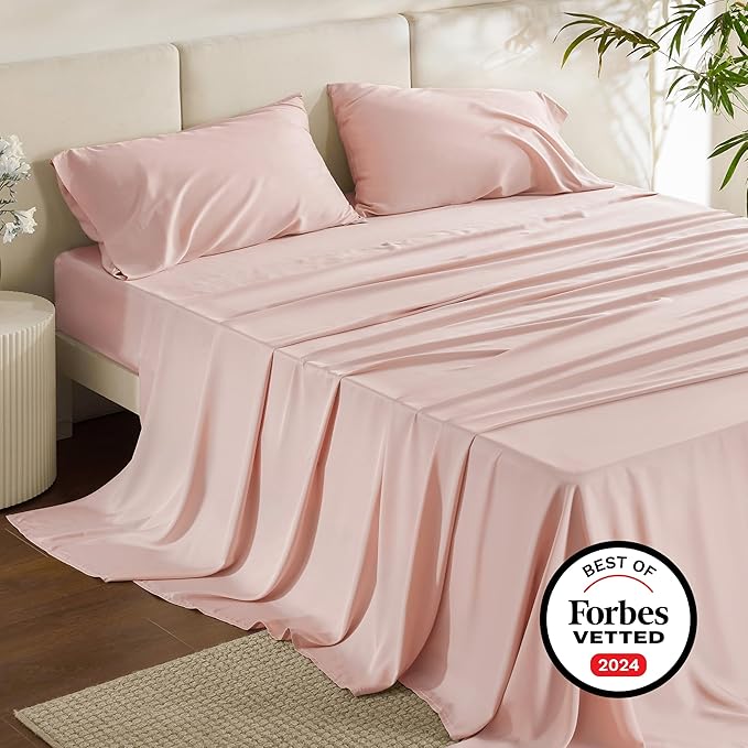 Bedsure King Size Sheets Set, Cooling Sheets for Hot Sleepers, Rayon Derived from Bamboo, Breathable & Soft, Deep Pocket Up to 16 Inches, Hotel Luxury Silky Bedding, Pink