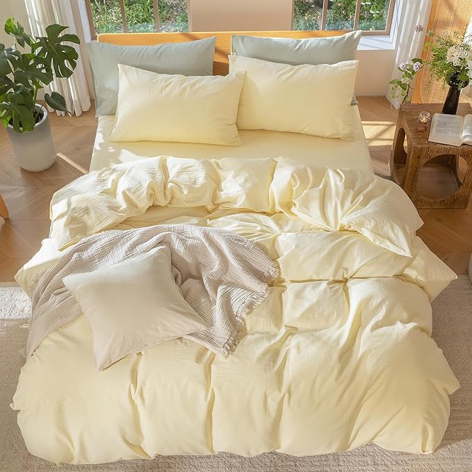 MooMee Bedding Duvet Cover Set 100% Washed Cotton Linen Like Textured Breathable Durable Soft Comfy (Heathered Butter Yellow, Palatial King/Oversized King 120"x98")