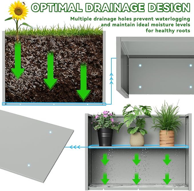 Metal Planter, 36L x 12W x 26H, Heavy Duty Tall Planters for Outdoor Plants, Planters with Removable Insert Shelf, Large Planters with Drainage Holes for Porch, Patio and Yard, Grey