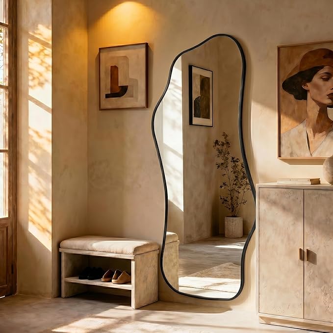 Mirror Full Length - Irregular Full Body Mirror Standing or Leaning or Wall Hanging 62.2"x 22.8" Asymmetrical Aviation Aluminum Alloy Frame Unique for Bedroom, Living Room, Cloakroom, Entryway