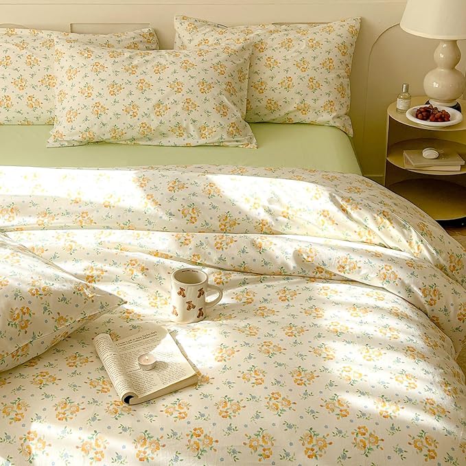 EAVD Yellow Floral Duvet Cover King Size Soft 100% Cotton Soft Botanical Floral Cottagecore Bedding Set with 2 Pillowcases Aesthetic Floral Comforter Set with Zipper Closure