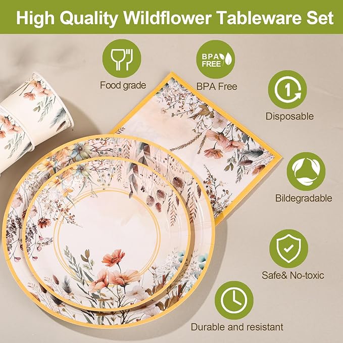 Spring Wildflower Party Decorations,Wildflower Birthday Decorations,Floral Paper Plates and Napkins Sets- Plates,Cups,Napkins,Cutlery for Baby Shower Birthday Bridal Shower Decorations,Serves 24
