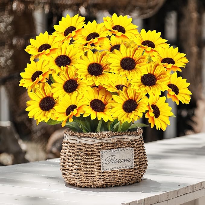 Artificial Sunflowers 23.6in 10 Bundles Total 30 Heads Fake Flowers Bouquet,Realistic Silk Artificial Yellow Sunflowers for Wedding Home Office Parties Summer Decoration