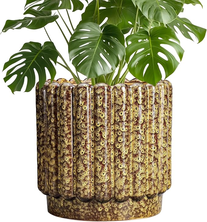 Ceramicfor Ceramic Planter, 9.6 Inch, Yellow | Round Flower Pot, Drainage Hole, Fluted Design, Indoor & Outdoor Use