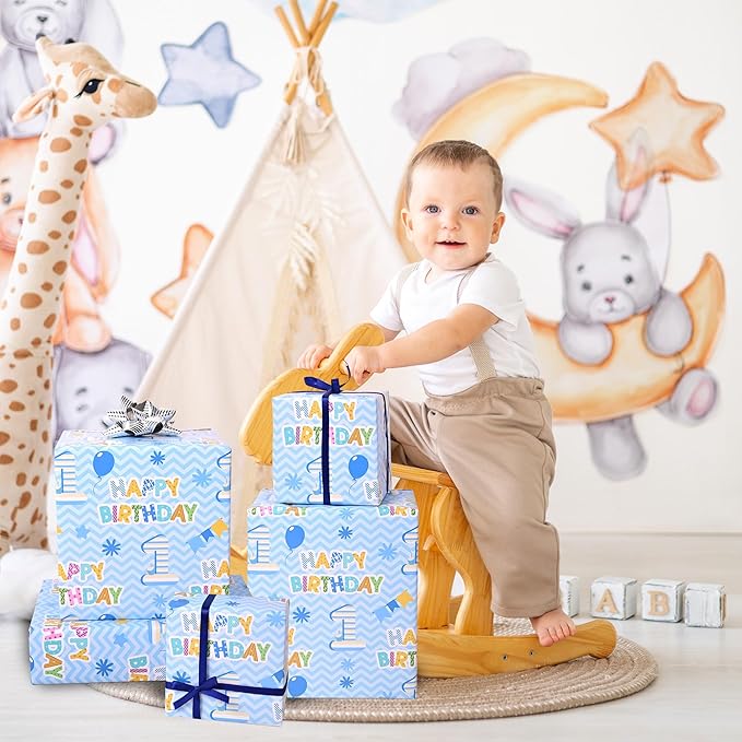 Altarho 1st Birthday Wrapping Paper Roll - Blue Happy Birthday with Balloon Gift Wrap Sheets for Kids Boys Baby Shower Party Decoration Celebration Total 28.5sq.ft