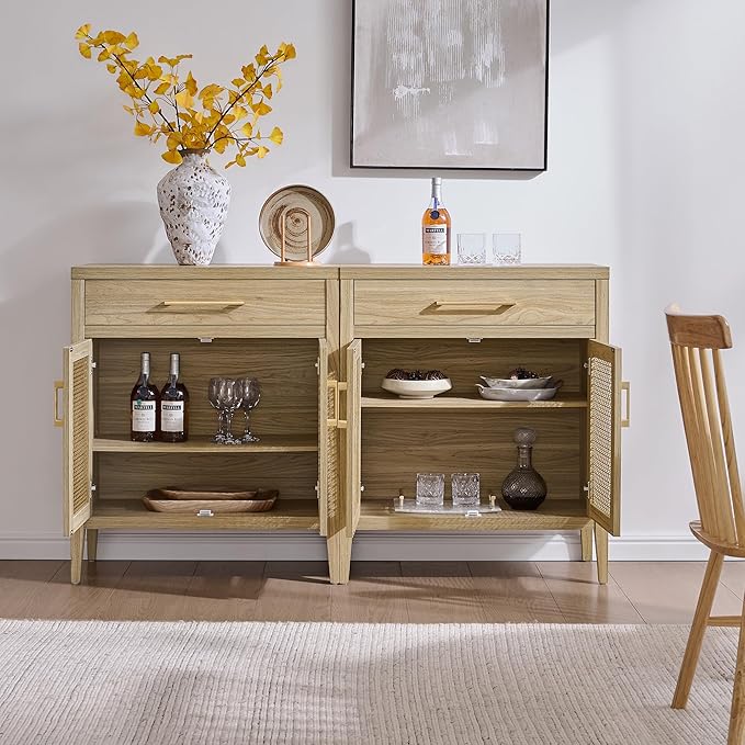 SICOTAS Sideboard Buffet Cabinet with Drawers - Credenza Storage Cabinet with Adjustable Shelves, Farmhouse Sideboards Coffee Bar Console Cabinets for Kitchen Living Room Entryway, Light Walnut, 2 PCS