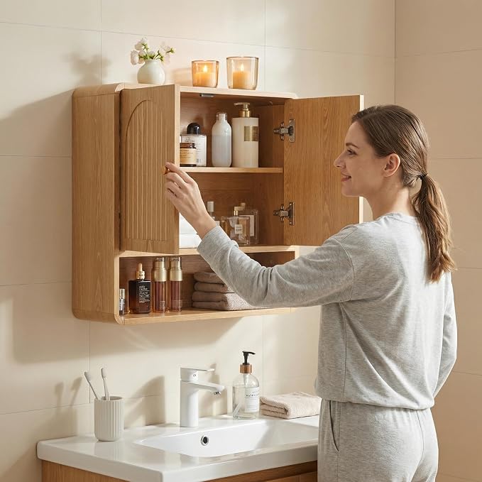 Wall Storage Cabinet with Adjustable Shelf, Over the Toilet Storage Cabinet for Bathroom, Light Wood Color Medicine Cabinet Organizers for Bathroom, Laundry Room, Kitchen (Natural)