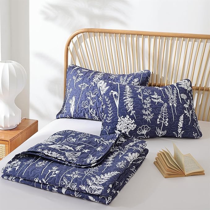 JANZAA Quilts Queen Size Navy Blue Floral Queen Quilt Bedding Set Microfiber Boho Bedspread Lightweight Reversible Coverlet 1 Quilt 90x90 inches with 2 Pillow Cases