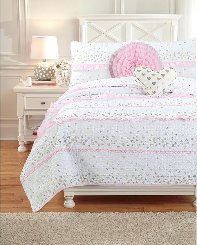 Cozy Line Home Fashions Pink Ruffle Gold Hearts Girl 100% Cotton Reversible All-Season Coverlet, Bedspread, Quilt Bedding Set (Sparkling Hearts, Queen - 5 Piece: 1 Quilt + 2 Shams + 2 Decor Pillows)