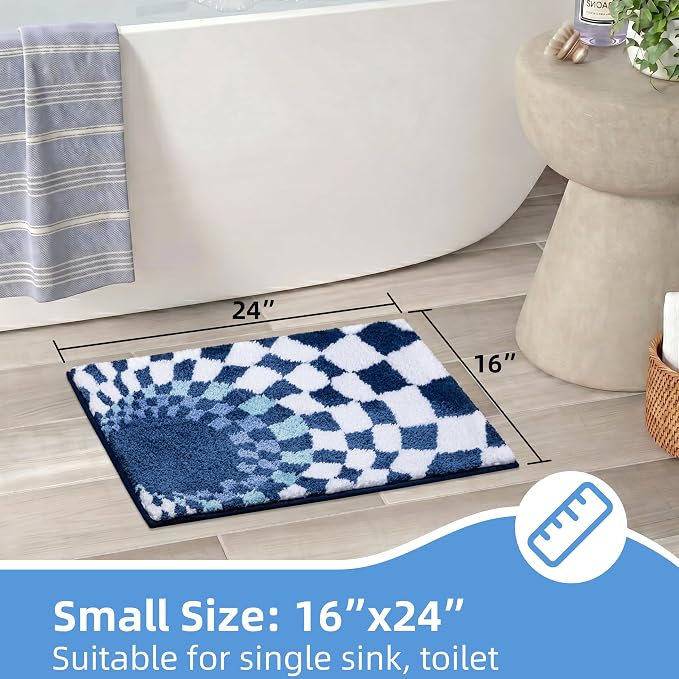 Funky Checkered Bath Mat, Non Slip Absorbent High Pile Tufted Checkerboard Rug for Bathroom Floor, Sink, Blue and White Aesthetic Rug, Machine Washable, 16"x24"