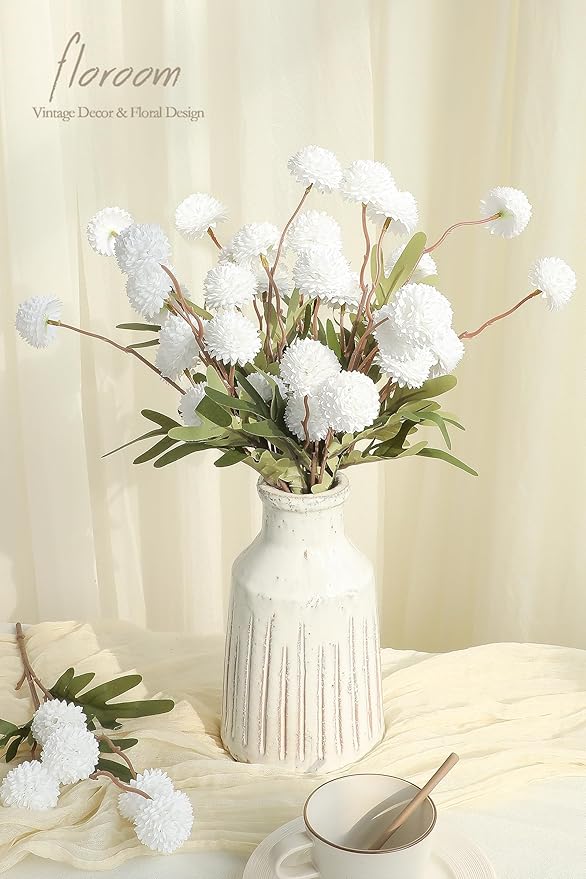 Floroom 6pcs White Faux Silk Mums Artificial Flowers, Bulk Fake Small Mini Chrysanthemums with Stems for DIY Wedding Centerpieces Floral Arrangements Vase Fillers Home Decorations