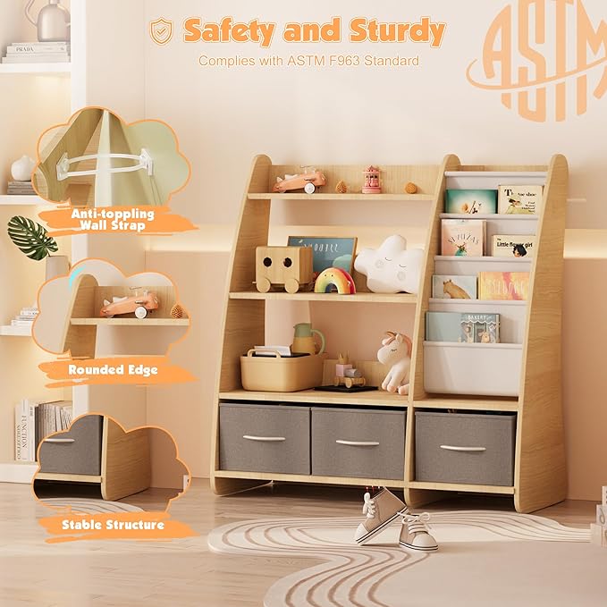 NACHES Kids Bookshelf and Toy Storage Organizer, Montessori Nursery Book Shelves with Sling Rack & Fabric Toy Bins, Toddler Baby Bookcase, Wooden Toy Shelf for Kids Room, Playroom, Sail-Burlywood