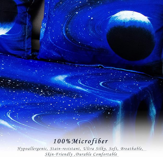 Bedlifes Galaxy Outer Space Sheet Set, Galaxy Themed, 3 pcs Including Flat Sheet, Fitted Sheet, and 1 Pillowcase (Light Blue King)