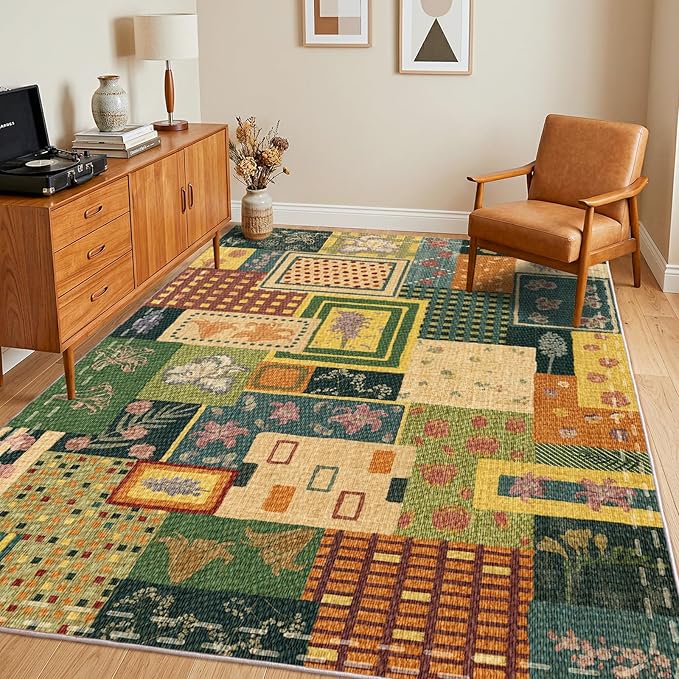 Flowers Patchwork Area Rugs for Living Room,Washable 5x7 Vintage Cottagecore Botanical Rug, Green Boho Carpet, Non-Slip Low Pile Rug for Bedroom Dining Room Office Home Hardwood Floor