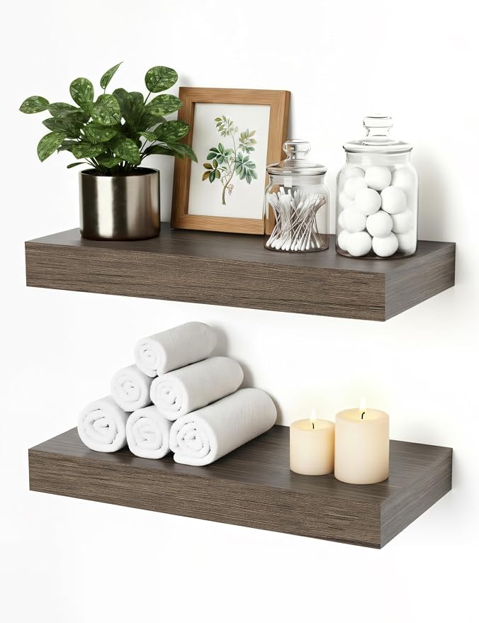 Floating Shelves for Wall, Bathroom Shelves Over Toilet, Wall Shelves & Book Shelf, Hanging Shelf, Modern Wooden Wall-Mounted Samll Floating Shelves, 12x7x1.5 in (Smoke-Gray, Set of 2)