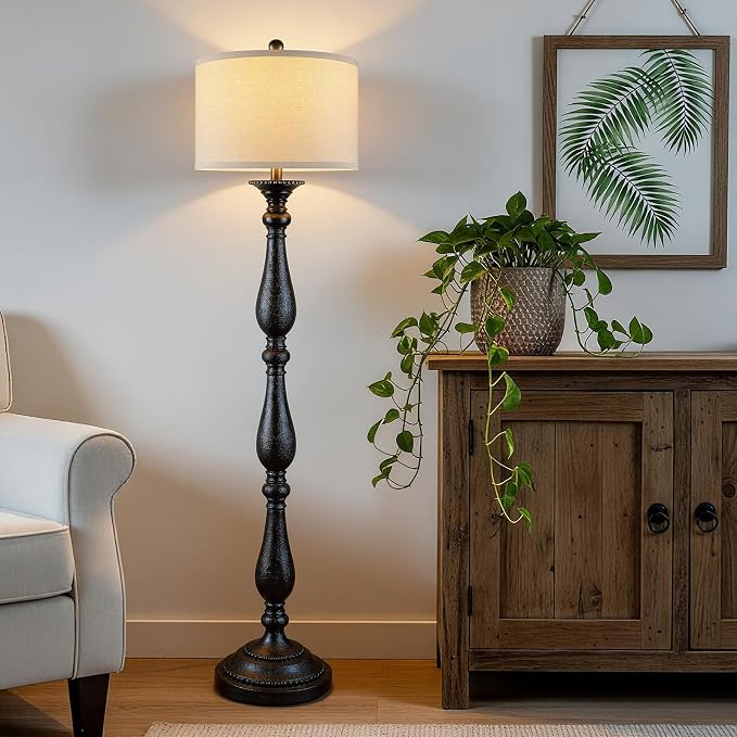 PARTPHONER Vintage Floor Lamp for Living Room, Rustic Farmhouse Standing Lamp with Rotary Switch and Linen Shade, Retro Resin Floor Lamp for Bedroom, Corner, Dining Room, House Decor, Black