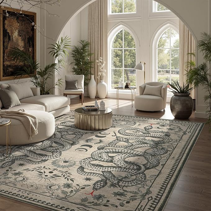 DCX Washable 4x6 Snake Rug, Beige Gothic Rug for Living Room, Soft Low Pile Carpet, Kid & Pet Friendly with Rubber Back Non Slip, Stain Resistant Rug for Bedroom Dining Room Office