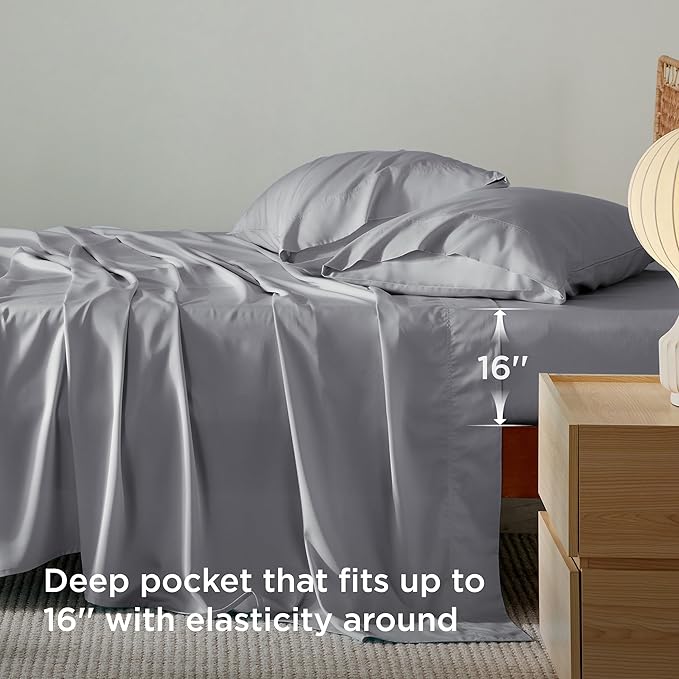 Bedsure King Size Sheet Set, Cooling Sheets, Rayon Derived from Bamboo, Deep Pocket Up to 16", Breathable & Soft, Bed Sheets, Hotel Luxury Silky Bedding for Hot Sleepers, Silver Grey