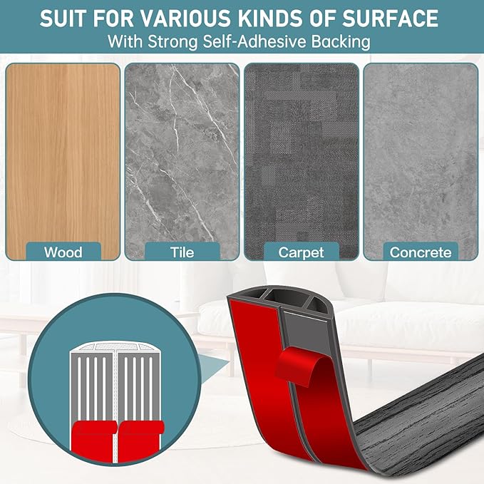 Floor Cord Cover Self Adhesive Cord Hider Floor Extension Cord Covers for Floor Power Cord Protector Cable Management Prevent Cable Trips Cable Cavity 0.51" W x 0.31" H (Deep Grey Wood, 3.3Ft)
