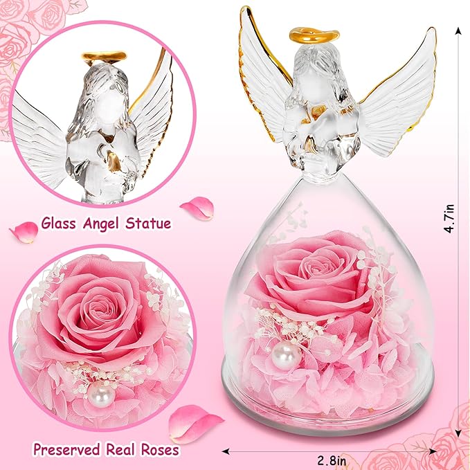 LURLIN Birthday Rose Gifts for Women - Preserved Flowers, Glass Angel Figurines with LED Forever Rose for Mom, Grandma, Wife, Friend, Teacher, Nurse, Anniversary Day Girls Gift
