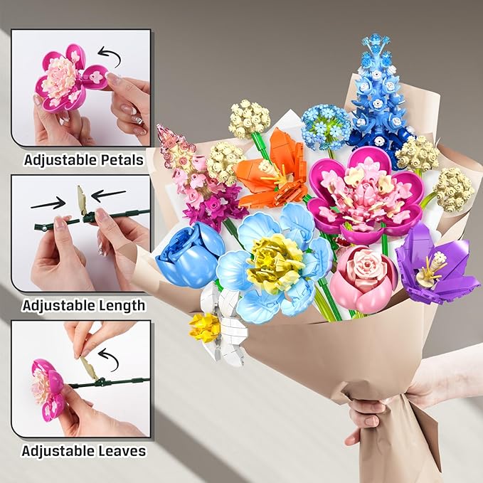 Flower Bouquet Building Set, 888 PCS Botanical Collection Building Block Toy, Flowers Rose Plant Home Decor, Valentine's Day Christmas Birthday Gift for Adults Women Boys Girls 8+