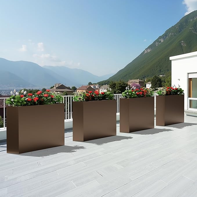 Casaphoriar Metal Planter Box 36"x9"x28", Rectangular Planter with Inner Shelf and Drainage Holes, Perfect for Outdoor Patio and Balcony Decor, Brown