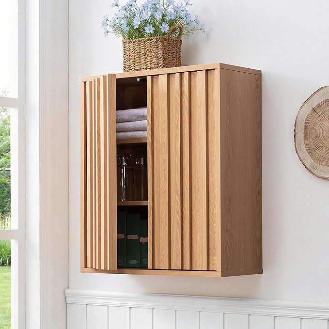 VANIRROR Fluted Bathroom Wall Cabinet Over Toilet, 15mm Thick Moisture-Resistant Wood Hanging Storage with Push-to-Open Doors, Japandi Floating Medicine Cabinet for Half Bath & Kitchen, Natural Oak